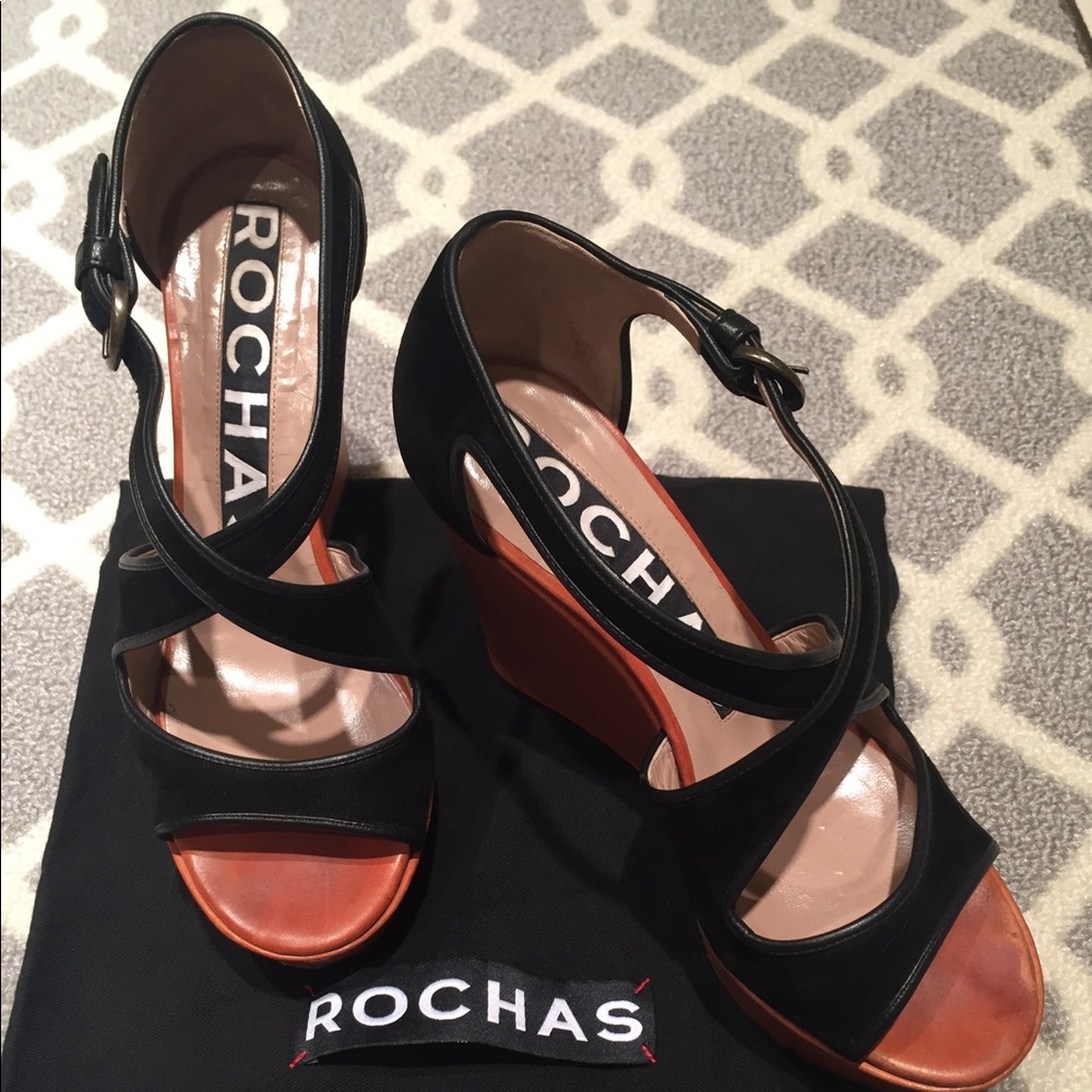 ROCHAS Black Suede Wedge Sandal. IT37.5